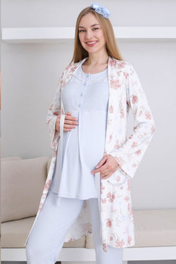 Image of Dantelli Yaka Lohusa Pijama ve Desenli Sabahlık Takımı - 3436