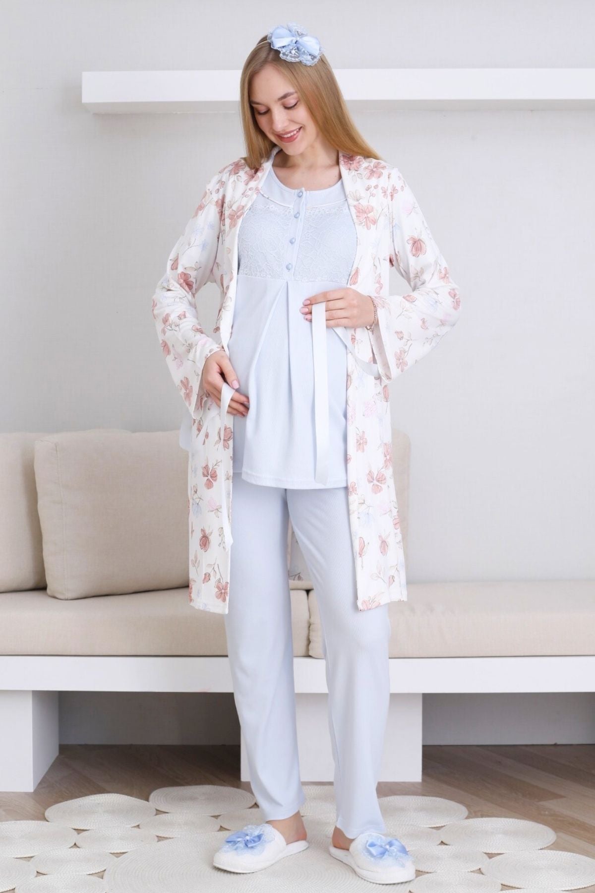Dantelli Yaka Lohusa Pijama ve Desenli Sabahlık Takımı - 3436