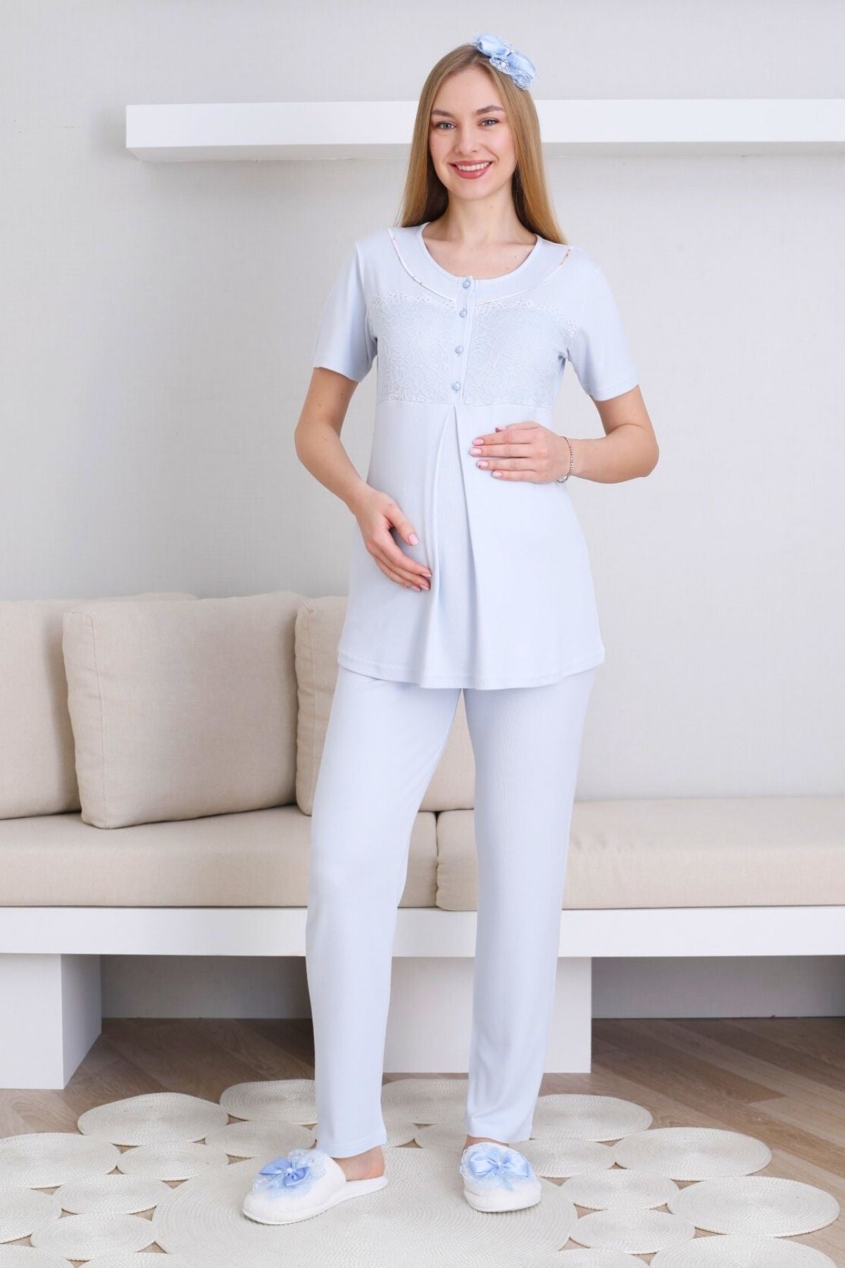 Dantelli Yaka Lohusa Pijama ve Desenli Sabahlık Takımı - 3436