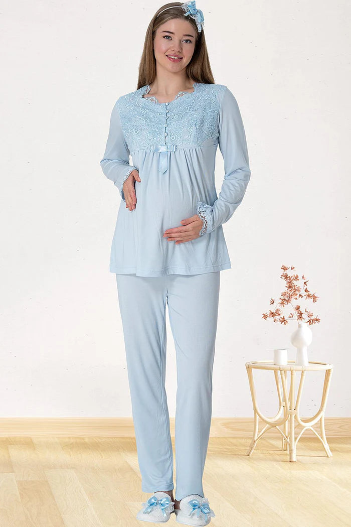 Dantel Detaylı Lohusa Pijama ve Sabahlık Takımı - 5416