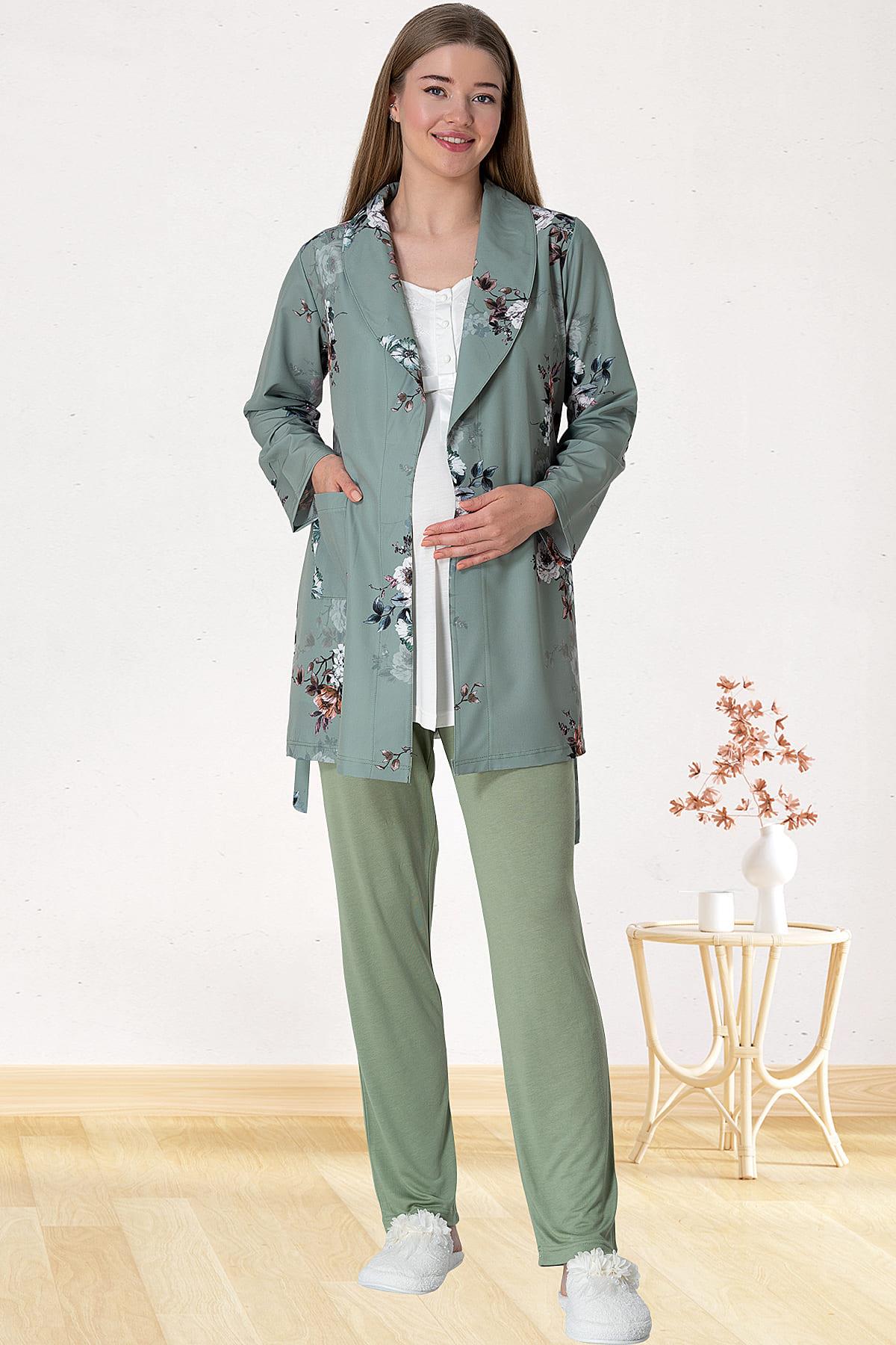 Dantelli Omuz Lohusa Pijama ve Desenli Sabahlık Takımı - 5804