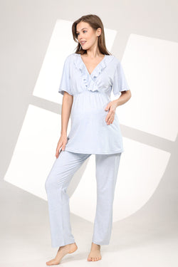 Image of Pileli Emzirme Detaylı Lohusa Pijama ve Volan Kol Sabahlık Takımı - 585