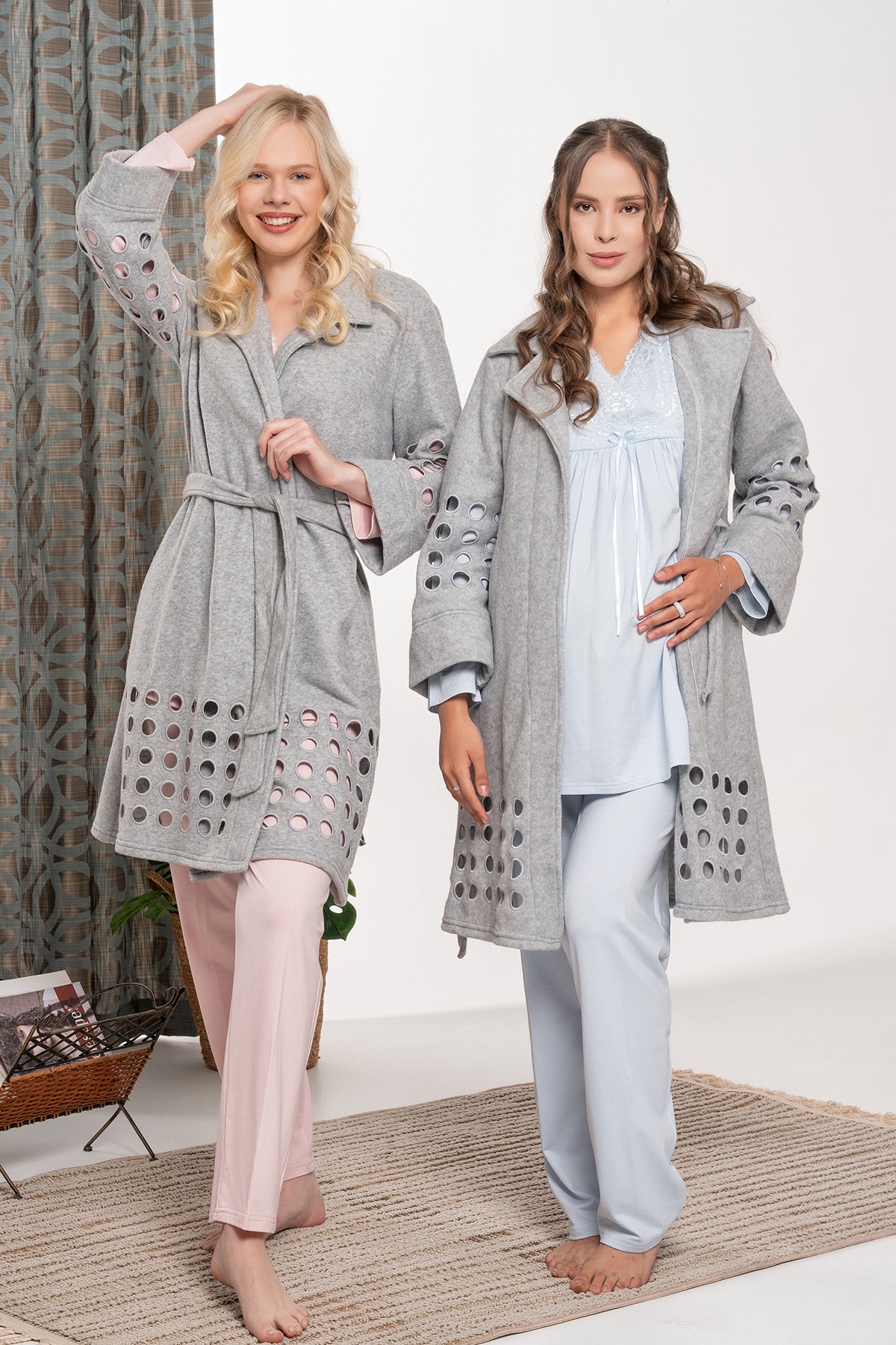 Dantelli Yaka Lohusa Pijama ve Polar Sabahlık Takımı - 5940