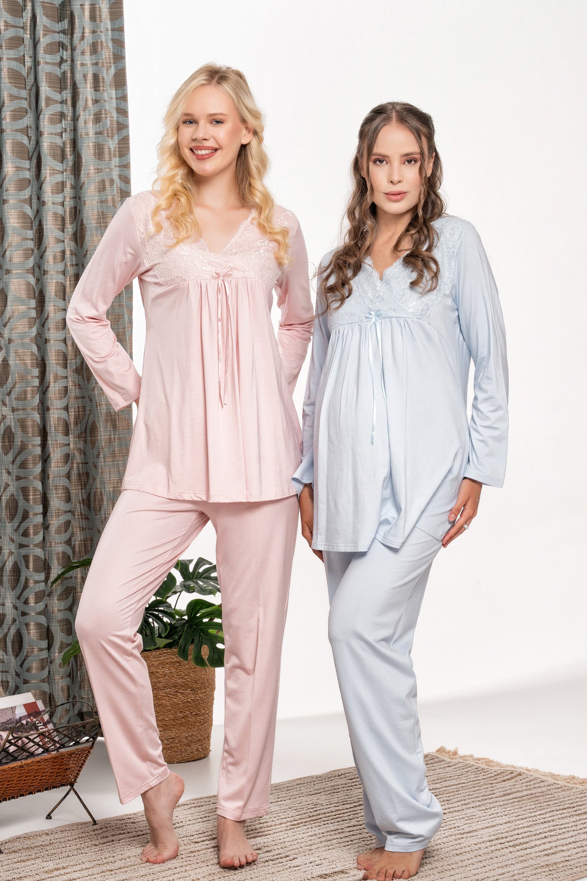 Dantelli Yaka Lohusa Pijama ve Polar Sabahlık Takımı - 5940