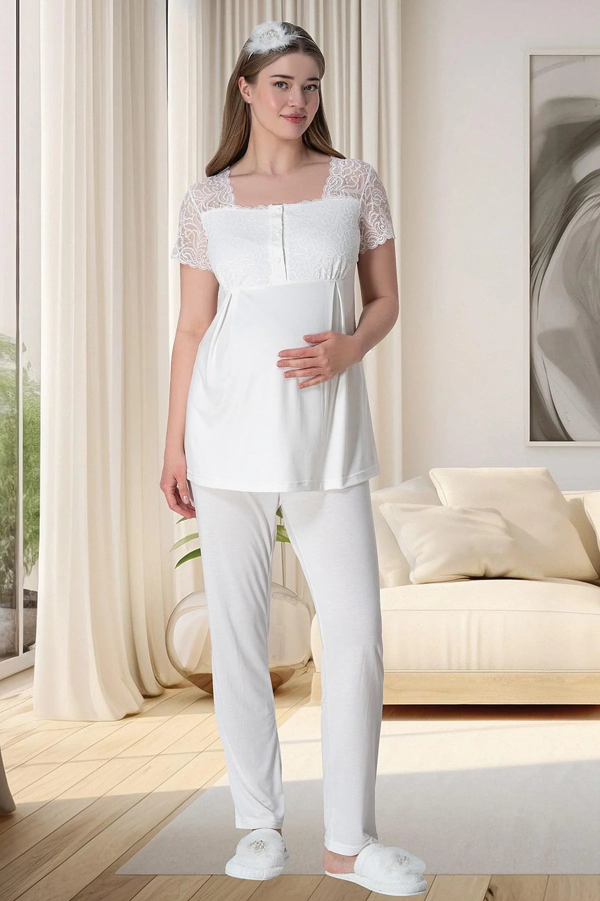 Dantelli Omuz Lohusa Pijama Takımı - 6010