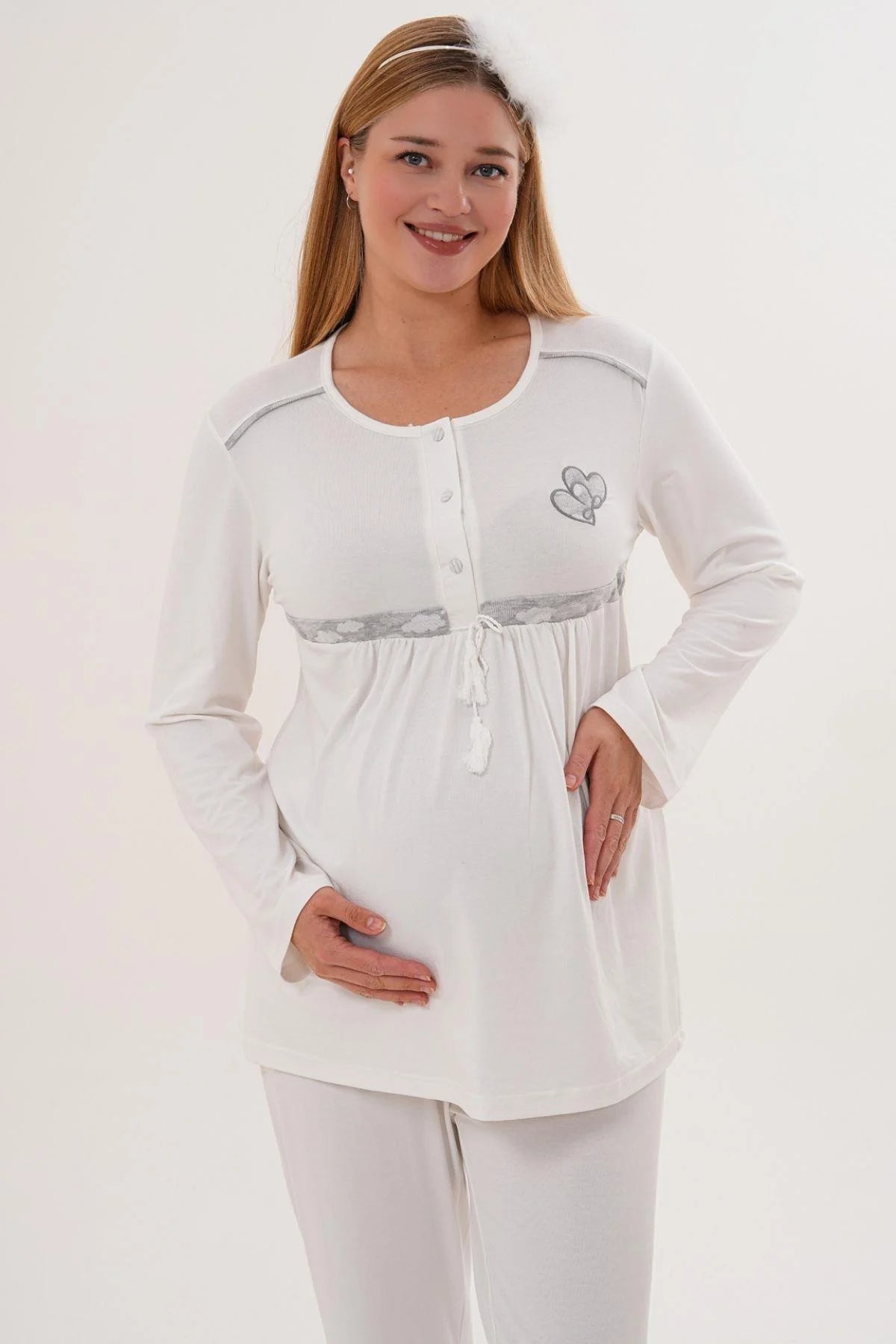 Kalp Baskılı Lohusa Pijama ve Desenli Sabahlık Takımı - 6100