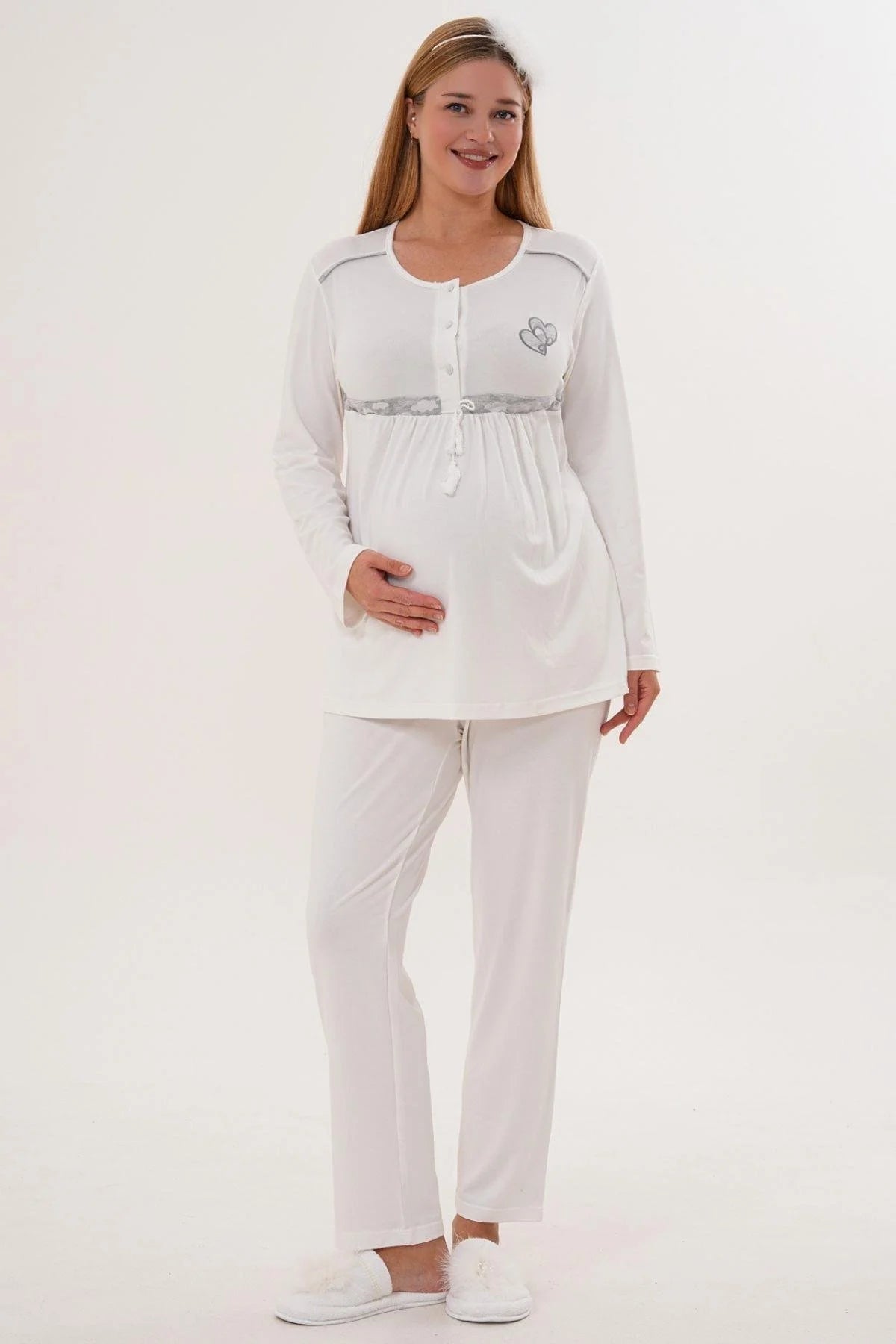 Kalp Baskılı Lohusa Pijama ve Desenli Sabahlık Takımı - 6100