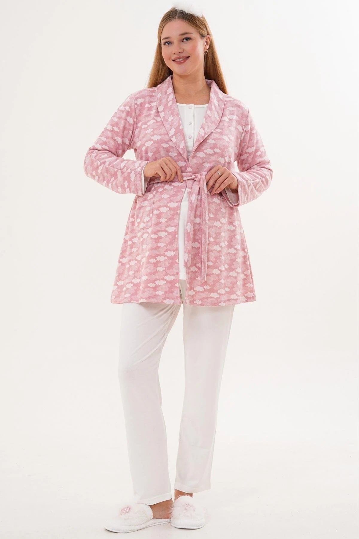 Kalp Baskılı Lohusa Pijama ve Desenli Sabahlık Takımı - 6100