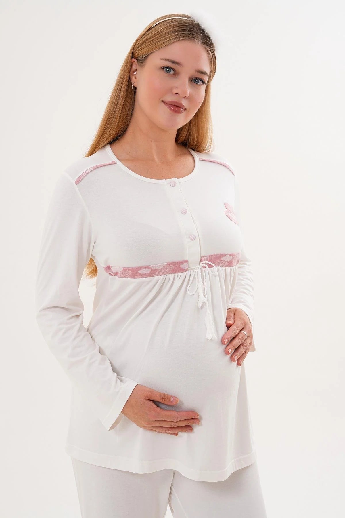 Kalp Baskılı Lohusa Pijama ve Desenli Sabahlık Takımı - 6100