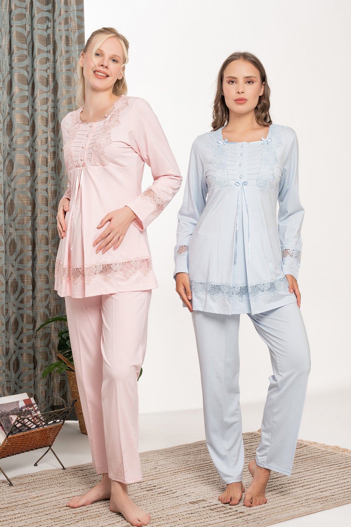 Dantel İşlemeli Lohusa Pijama ve Sabahlık Takımı - 6104