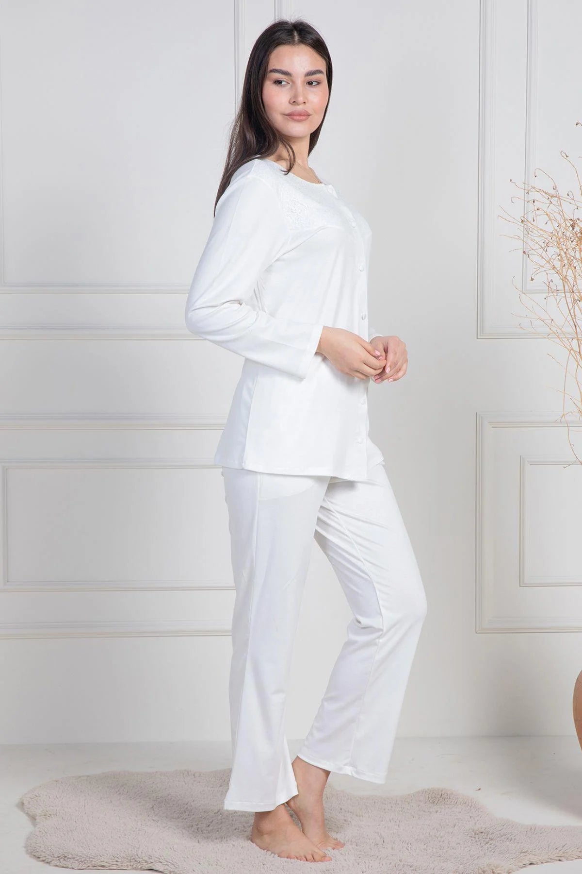 Dantelli Yaka Önden Düğmeli Lohusa Pijama Takımı - 6105
