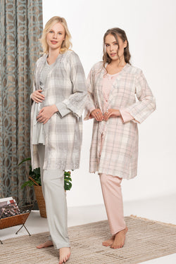 Image of Nakışlı Flanel Lohusa Pijama ve Sabahlık Takımı - 6141
