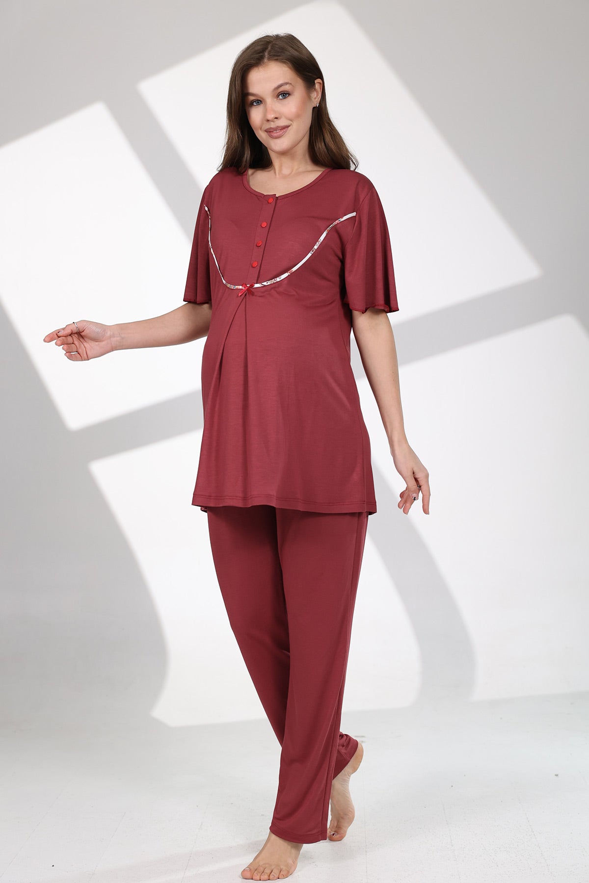 Bisiklet Yaka Lohusa Pijama ve Desenli Sabahlık Takımı - 714