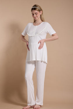 Image of Dantelli Lohusa Pijama ve Jakar Sabahlık Takımı - 718