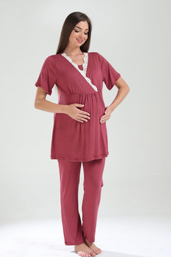 Image of Dantelli Kruvaze Lohusa Pijama ve Dantelli Şifon Sabahlık Takımı - 824