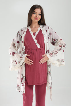 Image of Dantelli Kruvaze Lohusa Pijama ve Dantelli Şifon Sabahlık Takımı - 824