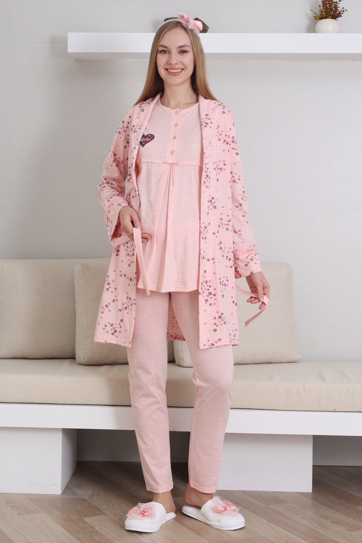 Kalp Bebek Baskılı Lohusa Pijama ve Desenli Sabahlık Takımı - 3432