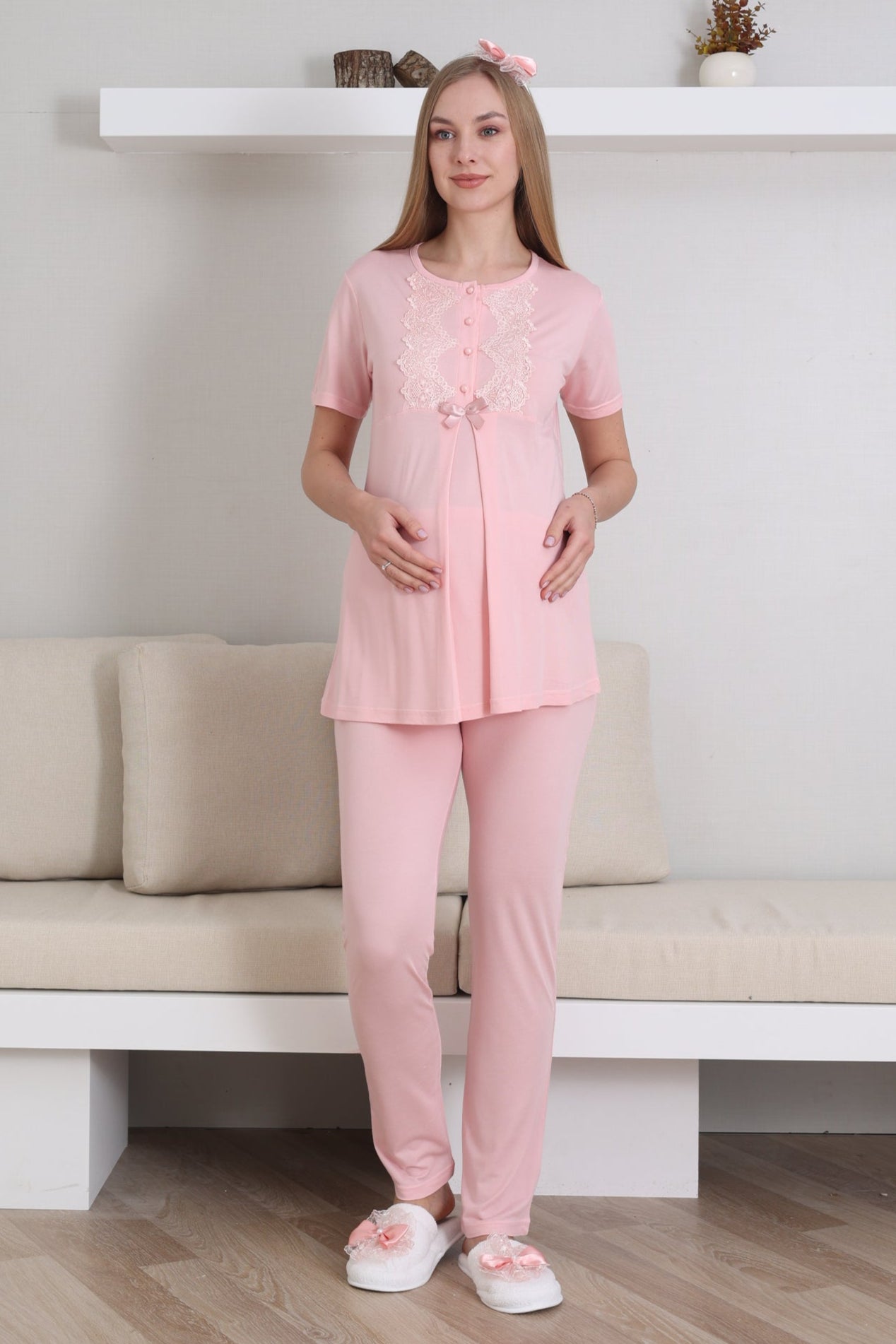 Güpürlü Yaka Lohusa Pijama ve Sabahlık Takımı - 3433