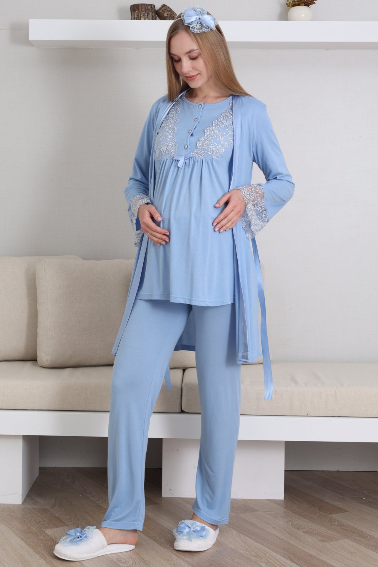 Dantelli Kol Lohusa Pijama ve Sabahlık Takımı - 3434