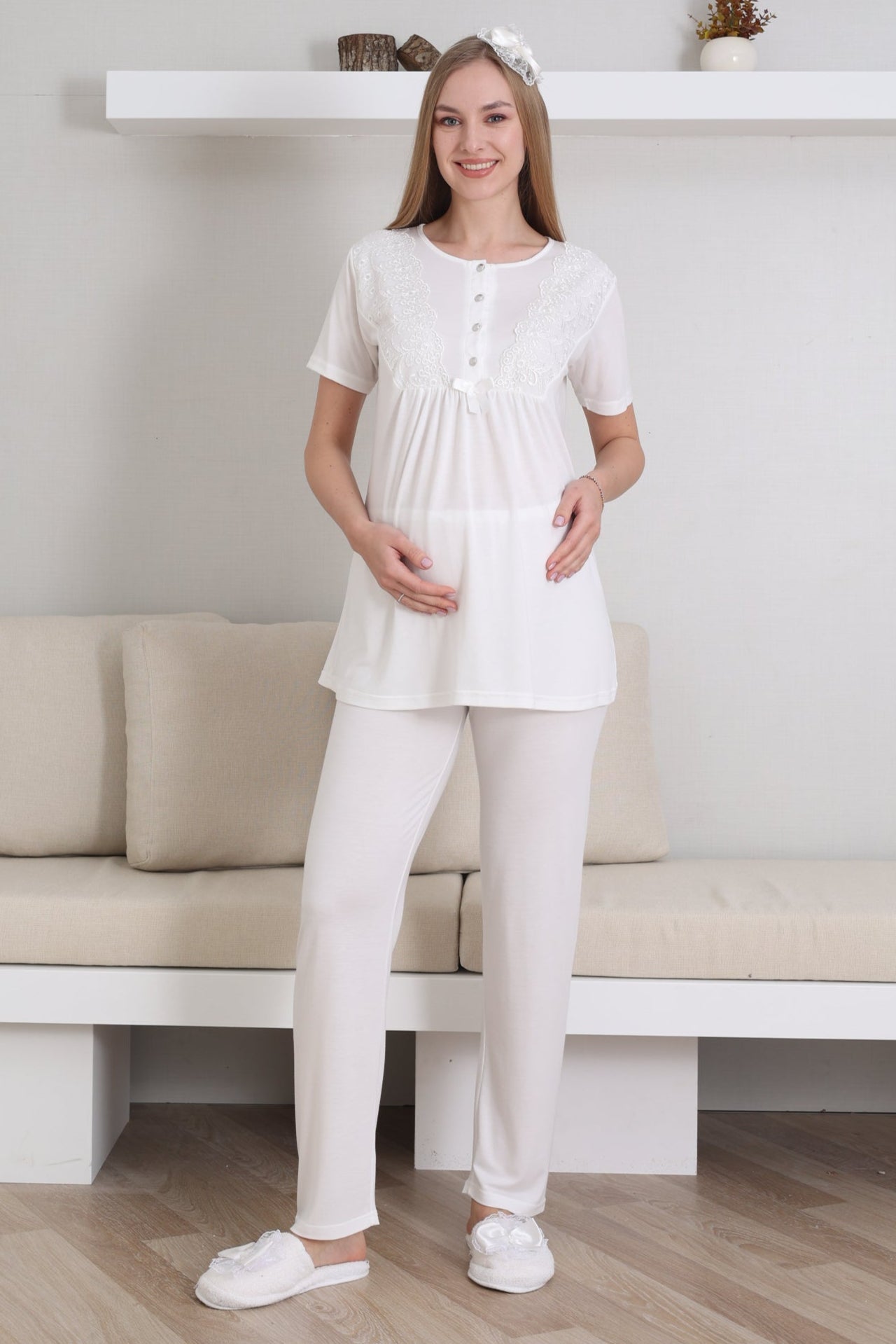 Dantelli Kol Lohusa Pijama ve Sabahlık Takımı - 3434