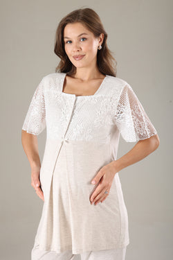 Image of Dantelli Yaka Lohusa Pijama ve Dantelli Kol Sabahlık Takımı - 801