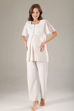 Image of Dantelli Yaka Lohusa Pijama ve Dantelli Kol Sabahlık Takımı - 801